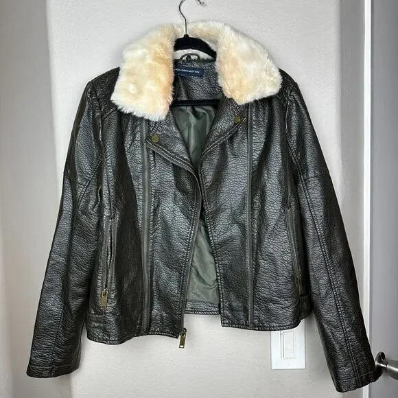 French Connection Faux Leather Fur Collar Moto Jacket Olive Green Large - Picture 2 of 11